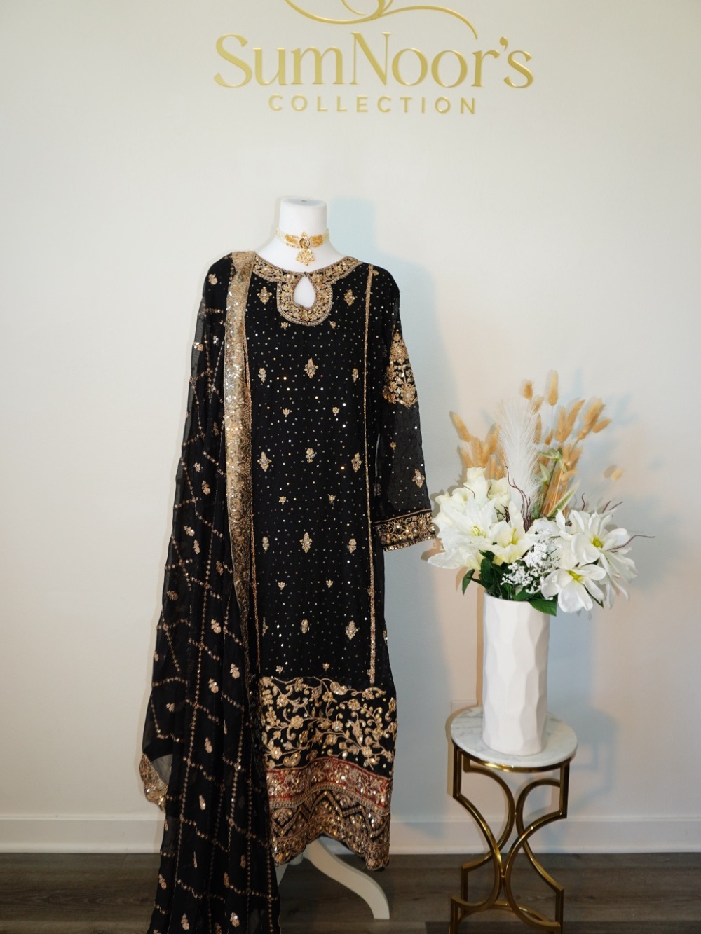 Black & Gold Embroidered Women's Dress Pakistani